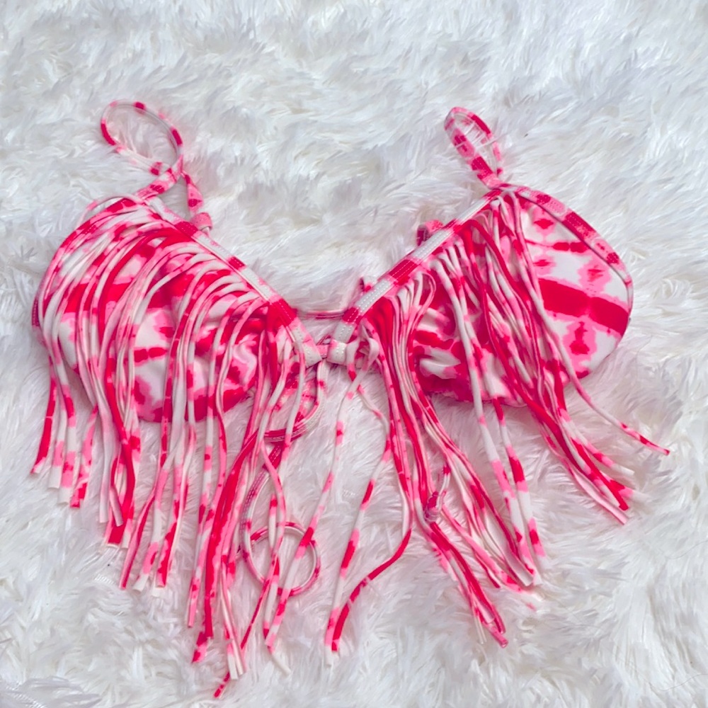 OP Pink & White Tye Dye Fringe Bikini Swim Top Size Medium